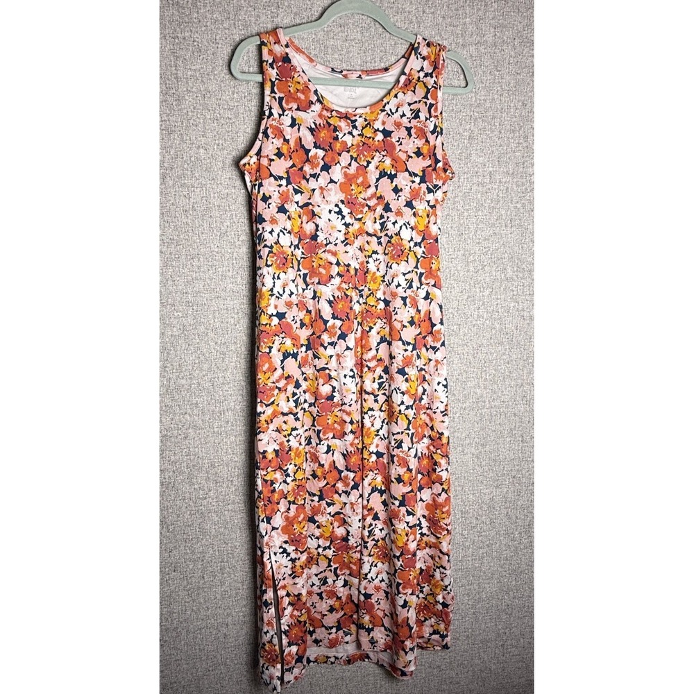 Lands' End Orange Blue Floral Sleeveless Cotton Shelf Bra Maxi Tank Sun Dress M